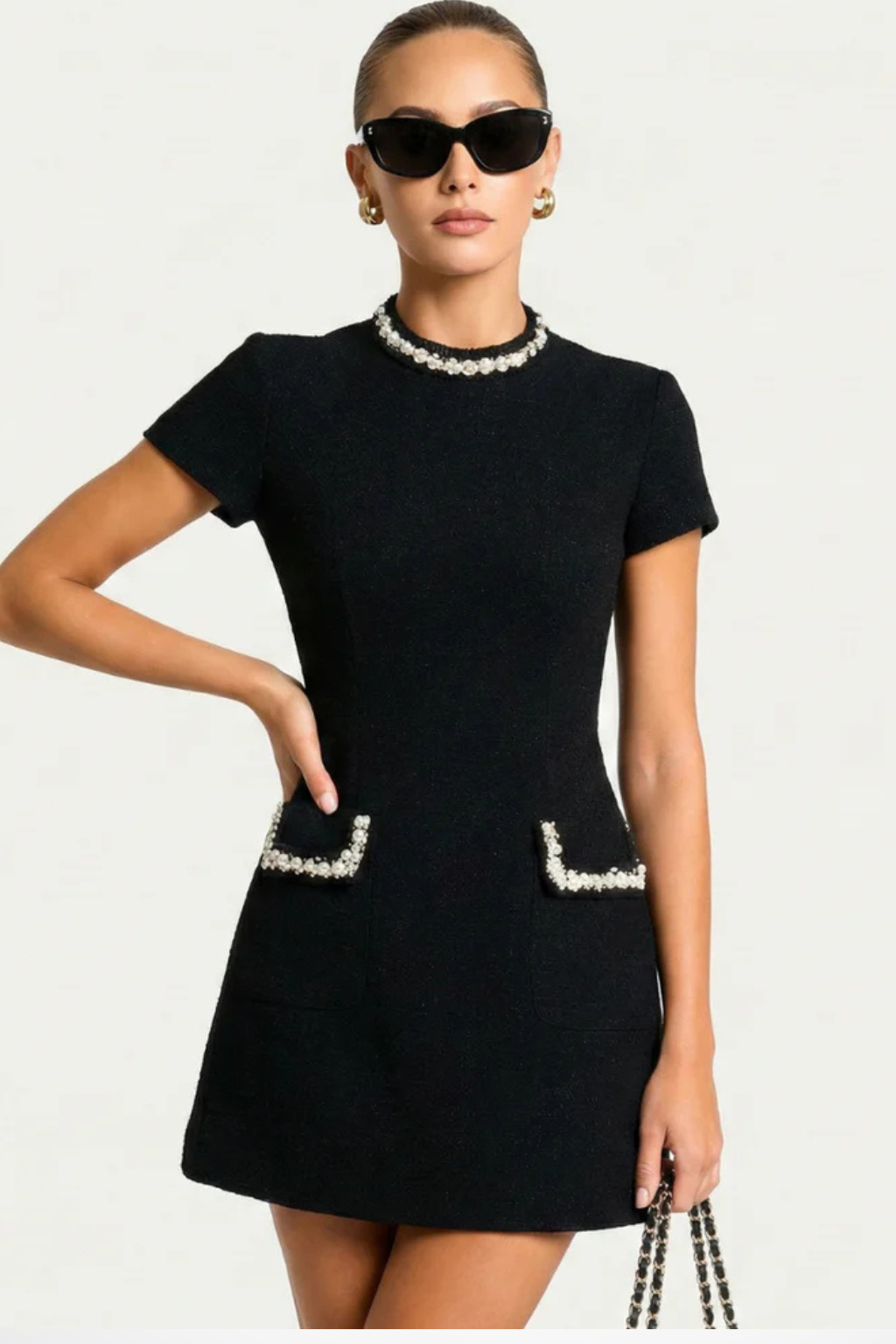 Brianna | Women's Pearl Trim Mini Dress with Pockets