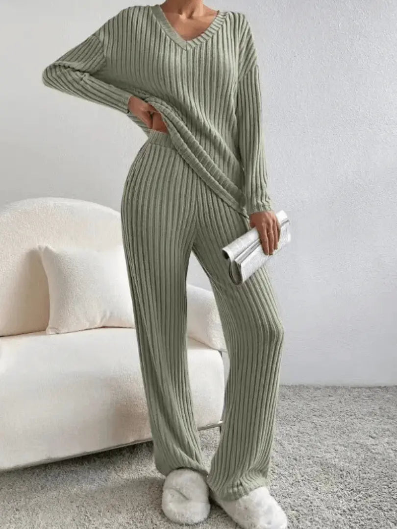 Harriet | Ribbed Knit Lounge Set Sky Blue V-Neck Long Sleeve for Women