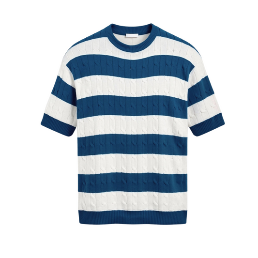 Crew Neck Cable Knit Striped T-Shirt