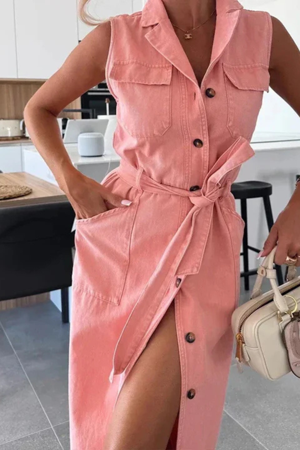 Giselle | Women's Sleeveless Belted Denim Maxi Dress