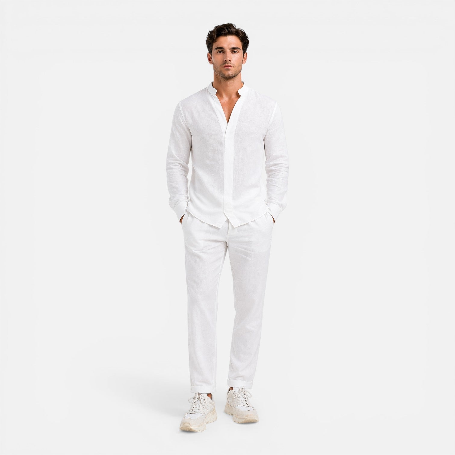 Men's Outfit Linen Set Relaxed Fit Shirt Trousers Lightweight Business Casual Fashion
