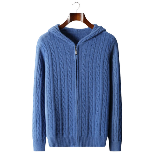 100% CASHMERE CABLE KNIT ZIPPER HOODIE