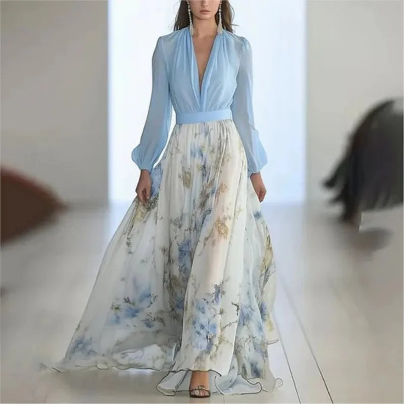 Sandy | Women's Floral Maxi Dress With V-Neck & Sheer Sleeves