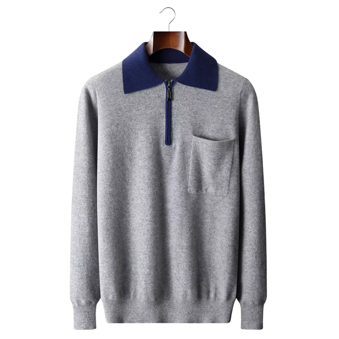 100% CASHMERE TWO TONE ZIPPER POLO