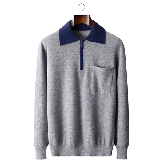 100% CASHMERE TWO TONE ZIPPER POLO