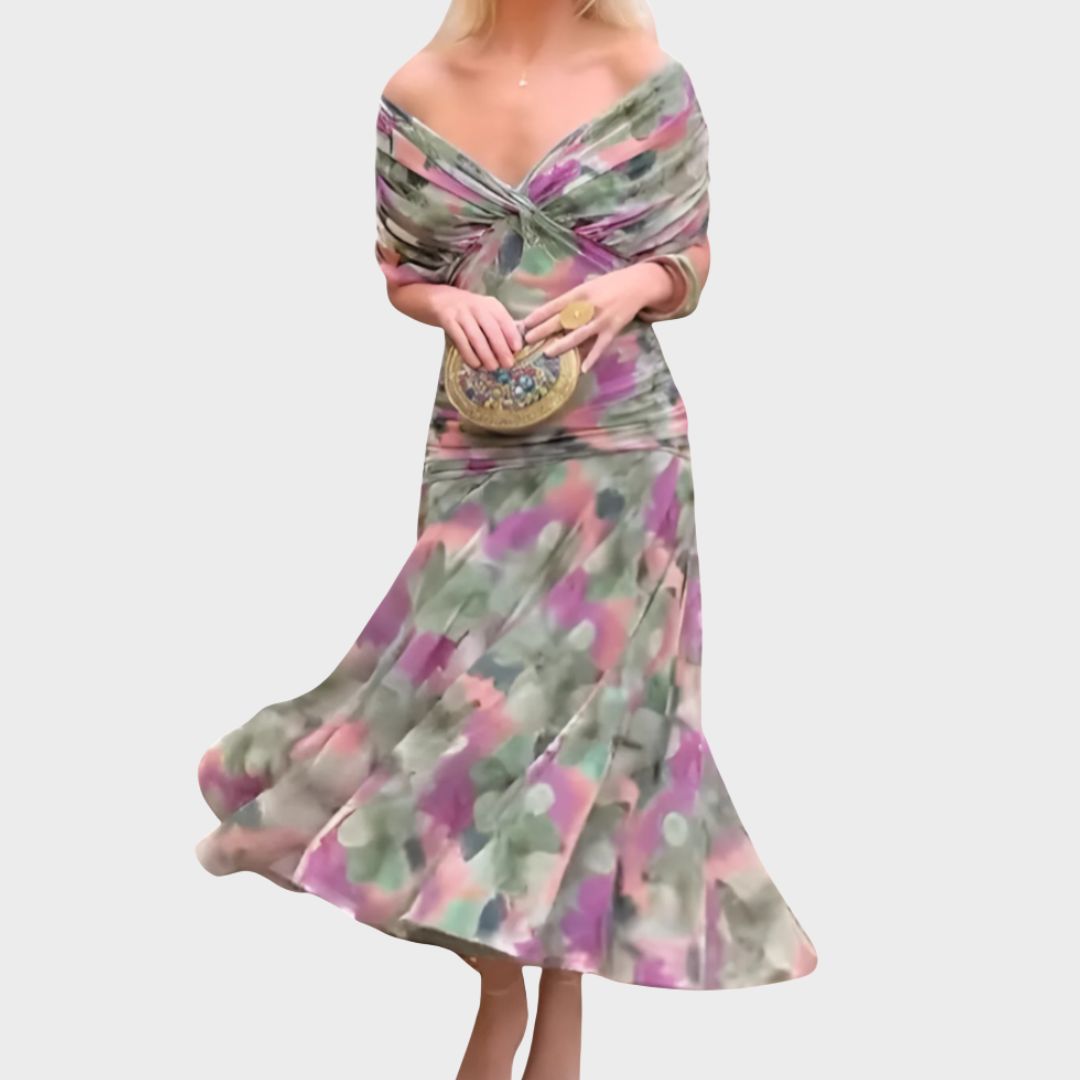 Women's Off-Shoulder Maxi Dress Ruched Bodice Flowing Skirt Evening Cocktail