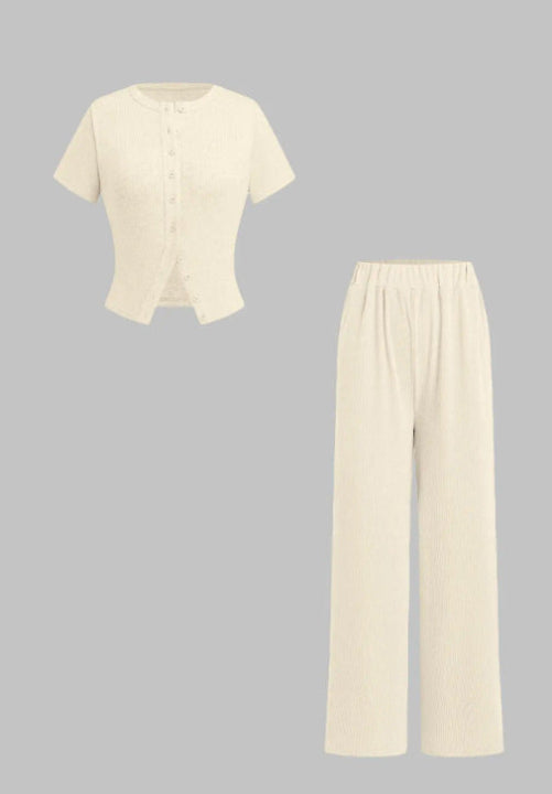 MIRANDA™ - Casual Button Front Top and Wide Leg Pants Set