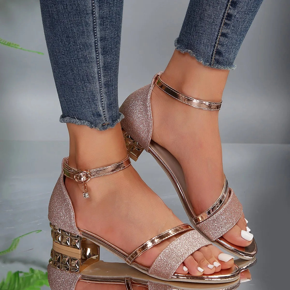 Lara | Metallic Strap Block Heel Sandal