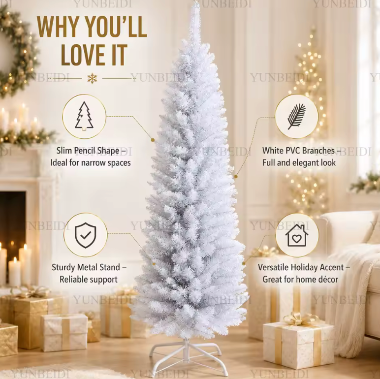 White Artificial Christmas Tree – Slim Pencil Style, 120-180cm