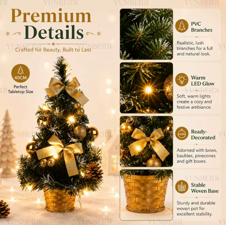 Mini Artificial Christmas Tree – Pre-Lit LED, 40cm Desktop Décor