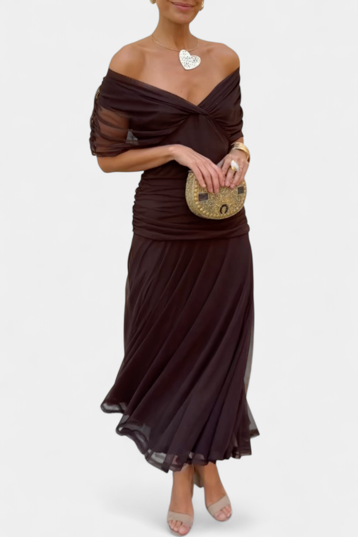 Women's Off-Shoulder Maxi Dress Ruched Bodice Flowing Skirt Evening Cocktail