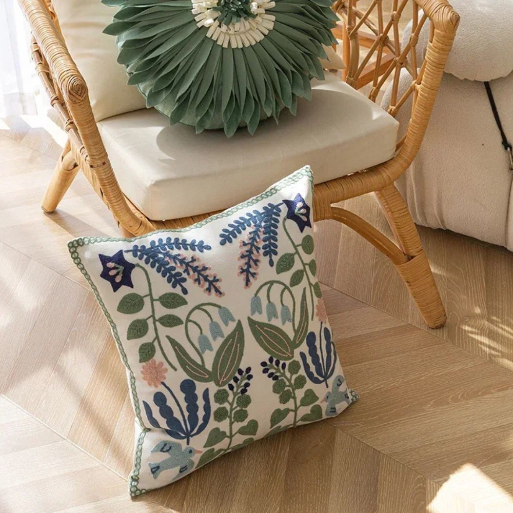 Vintage Botanical Embroidery Cushion Cover