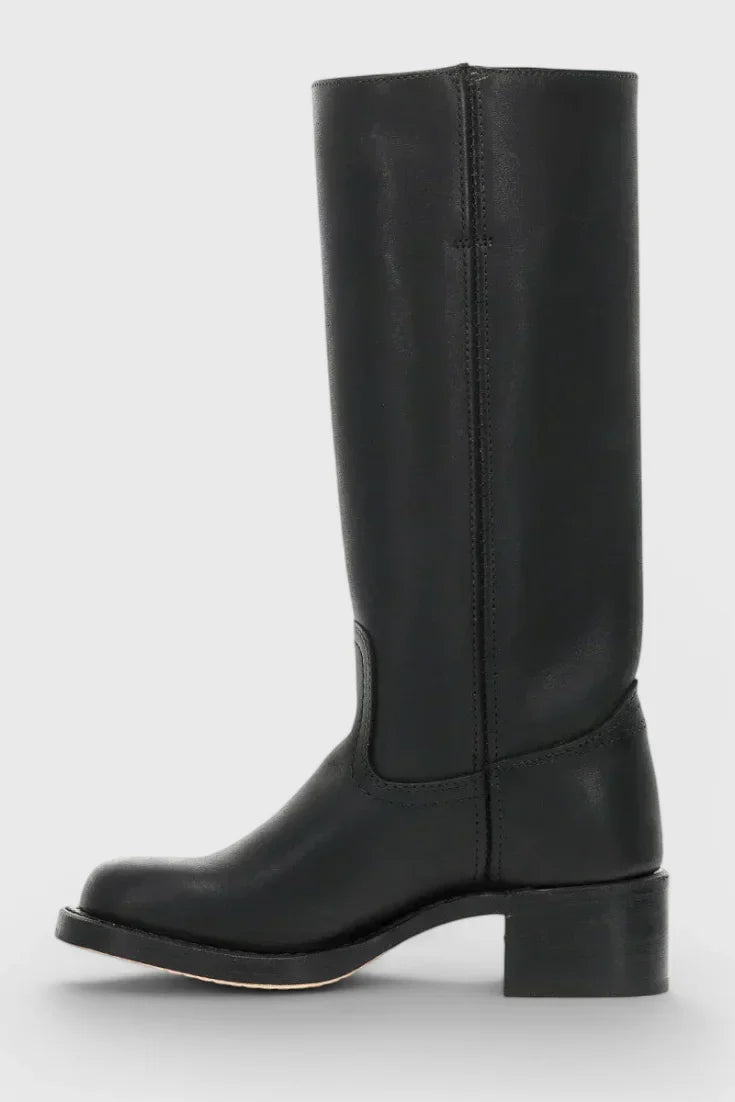 Women's leather mid-calf western-style boots with stacked-block heel