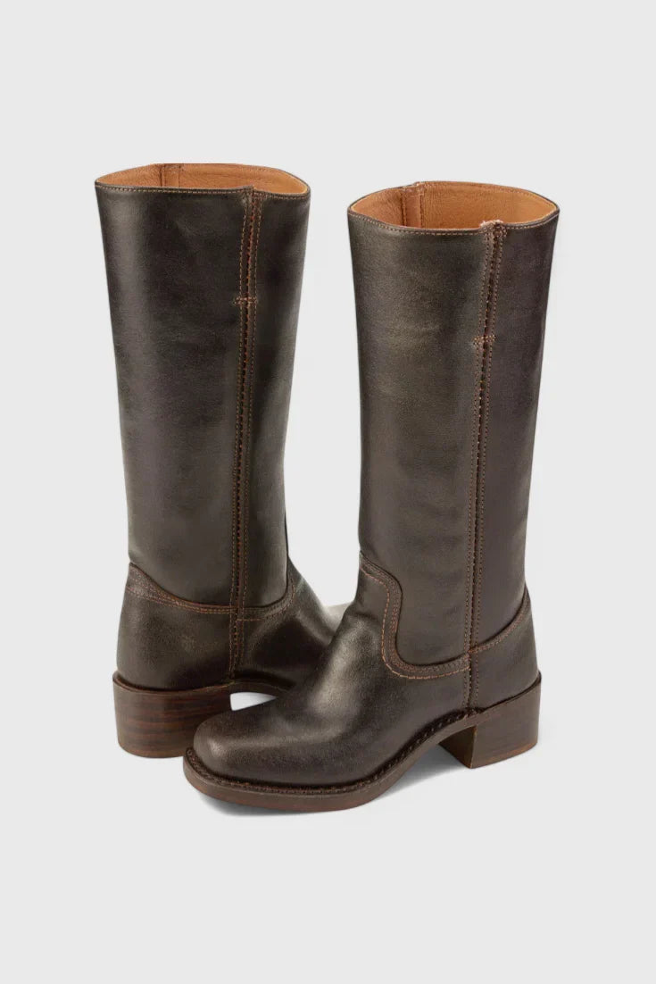 Women's leather mid-calf western-style boots with stacked-block heel