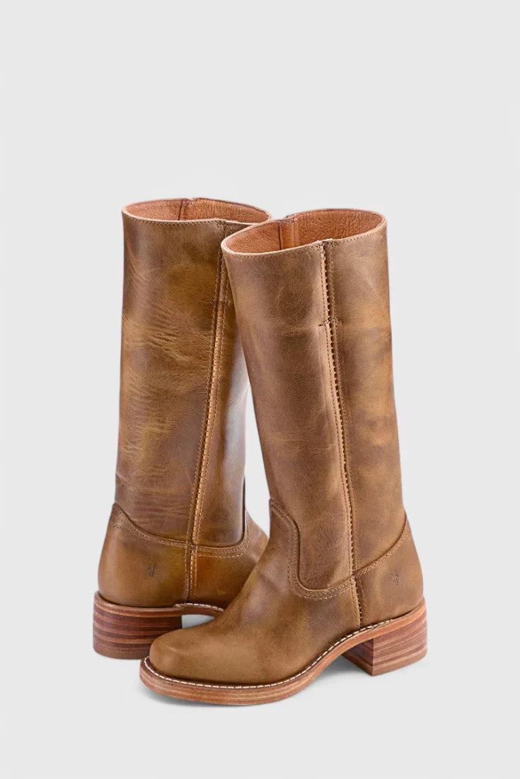 Women's leather mid-calf western-style boots with stacked-block heel