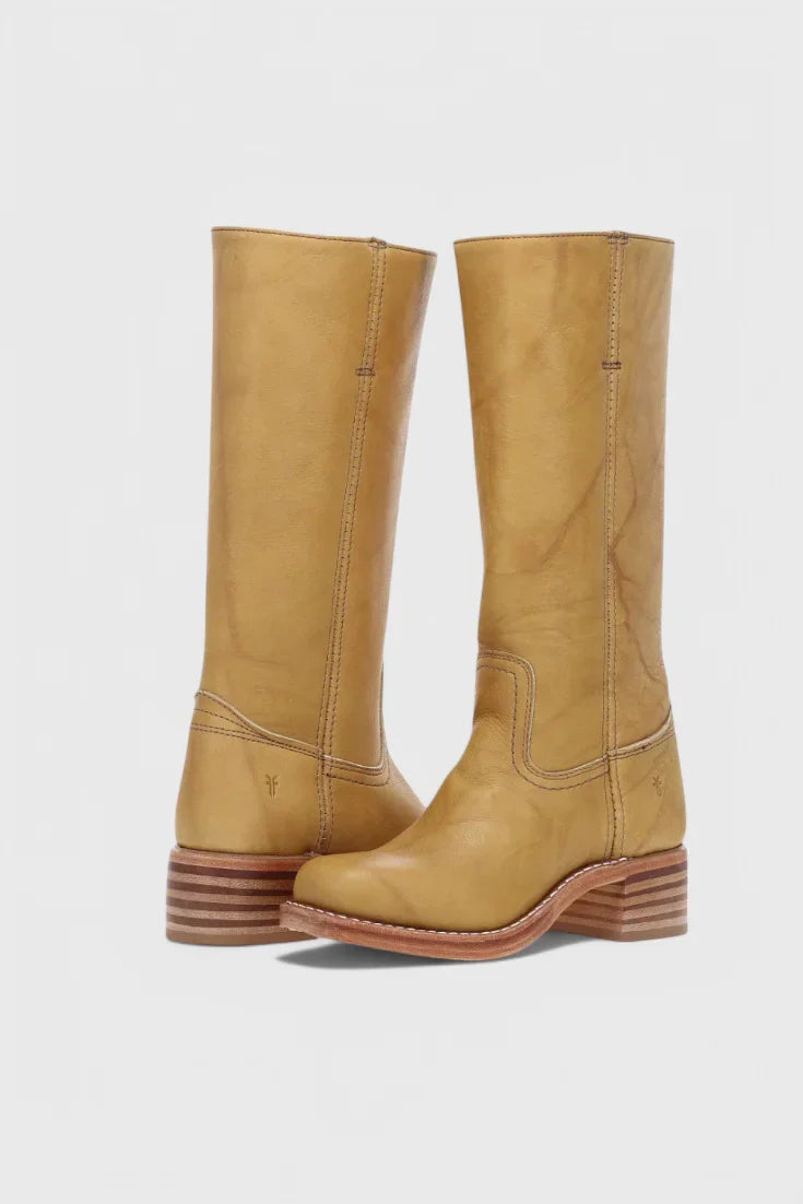 Women's leather mid-calf western-style boots with stacked-block heel