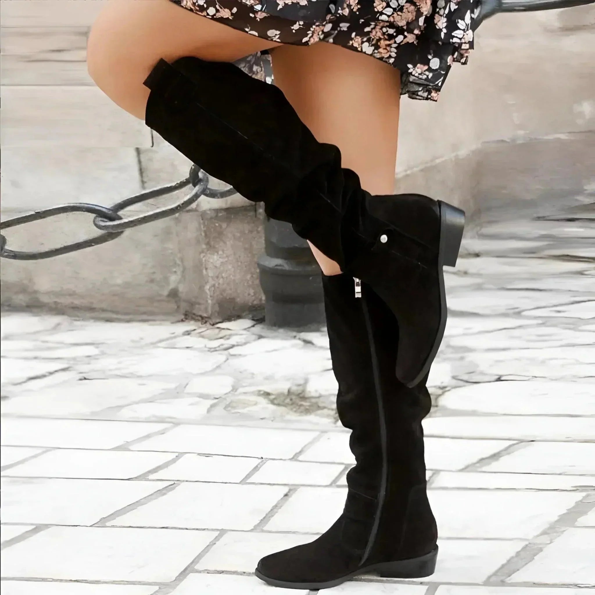 Women's suede slouchy pointed-toe knee-high boots with side zipper