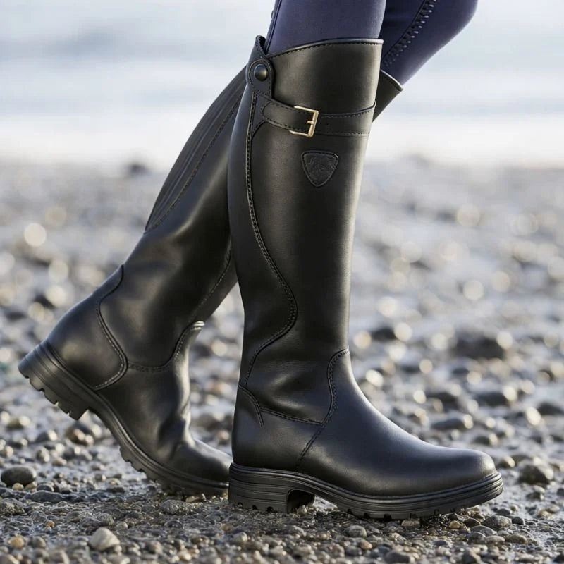 Women's waterproof brown riding boots with side zipper and buckle strap